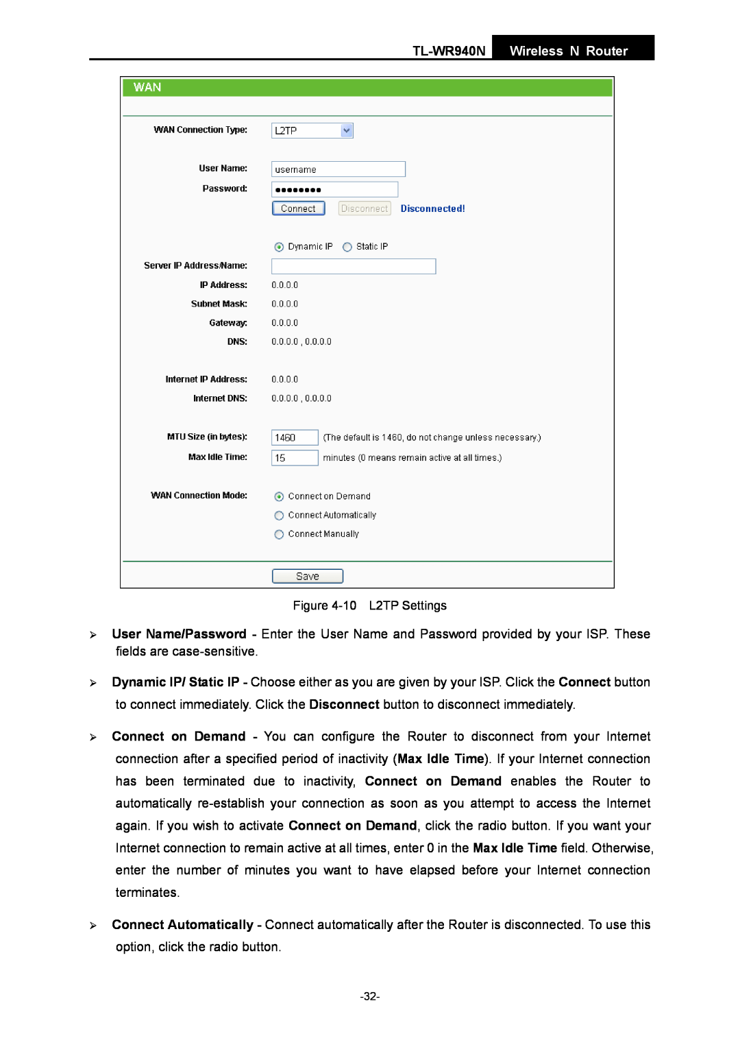 TP-Link manual TL-WR940N Wireless N Router, 10 L2TP Settings 