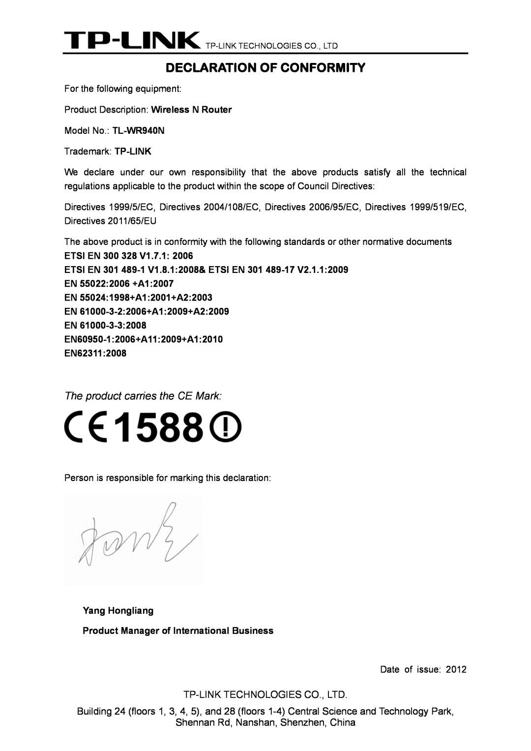 TP-Link TL-WR940N manual Declaration Of Conformity, ETSI EN 300 328 V1.7.1, EN60950-12006+A112009+A12010 EN623112008 