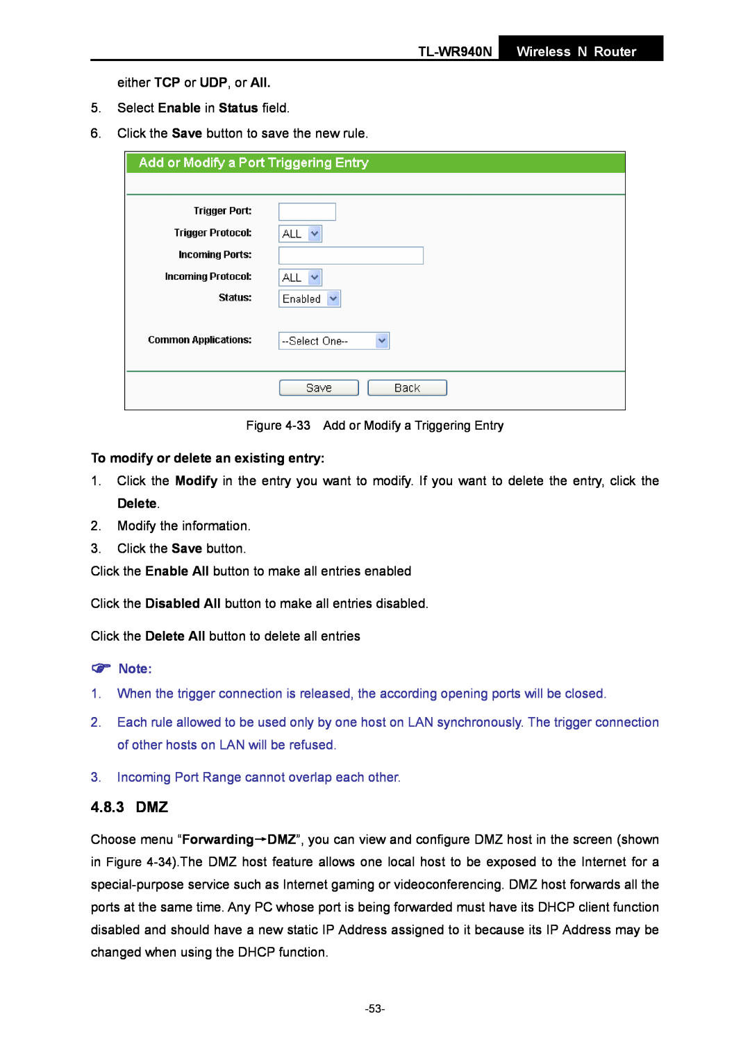 TP-Link manual 4.8.3 DMZ, Incoming Port Range cannot overlap each other, TL-WR940N Wireless N Router 