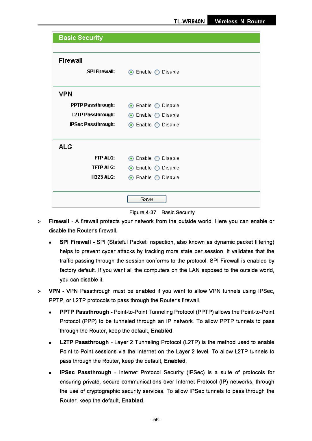 TP-Link manual TL-WR940N Wireless N Router, 37 Basic Security, z z z 