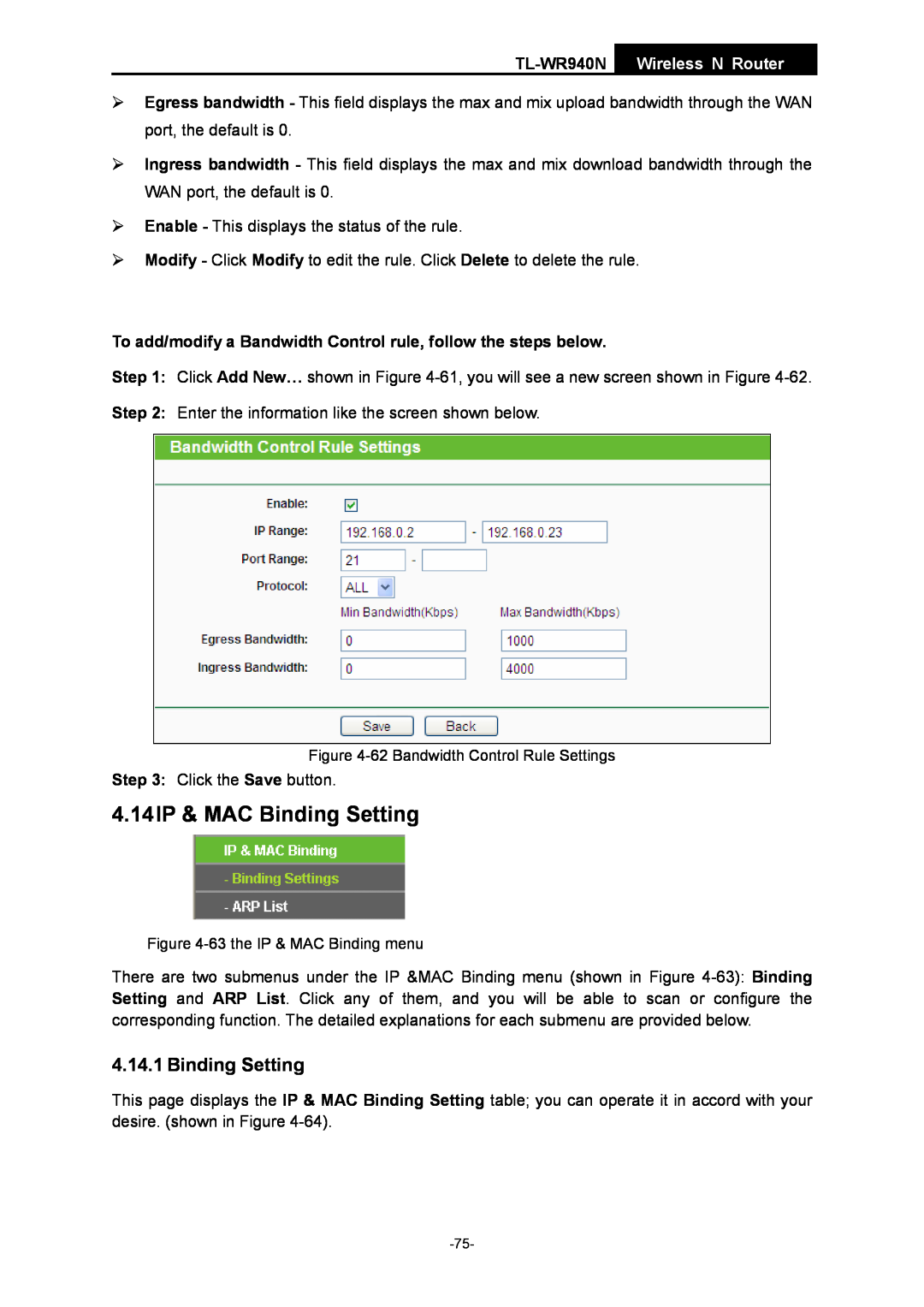 TP-Link TL-WR940N manual 4.14IP & MAC Binding Setting, To add/modify a Bandwidth Control rule, follow the steps below 