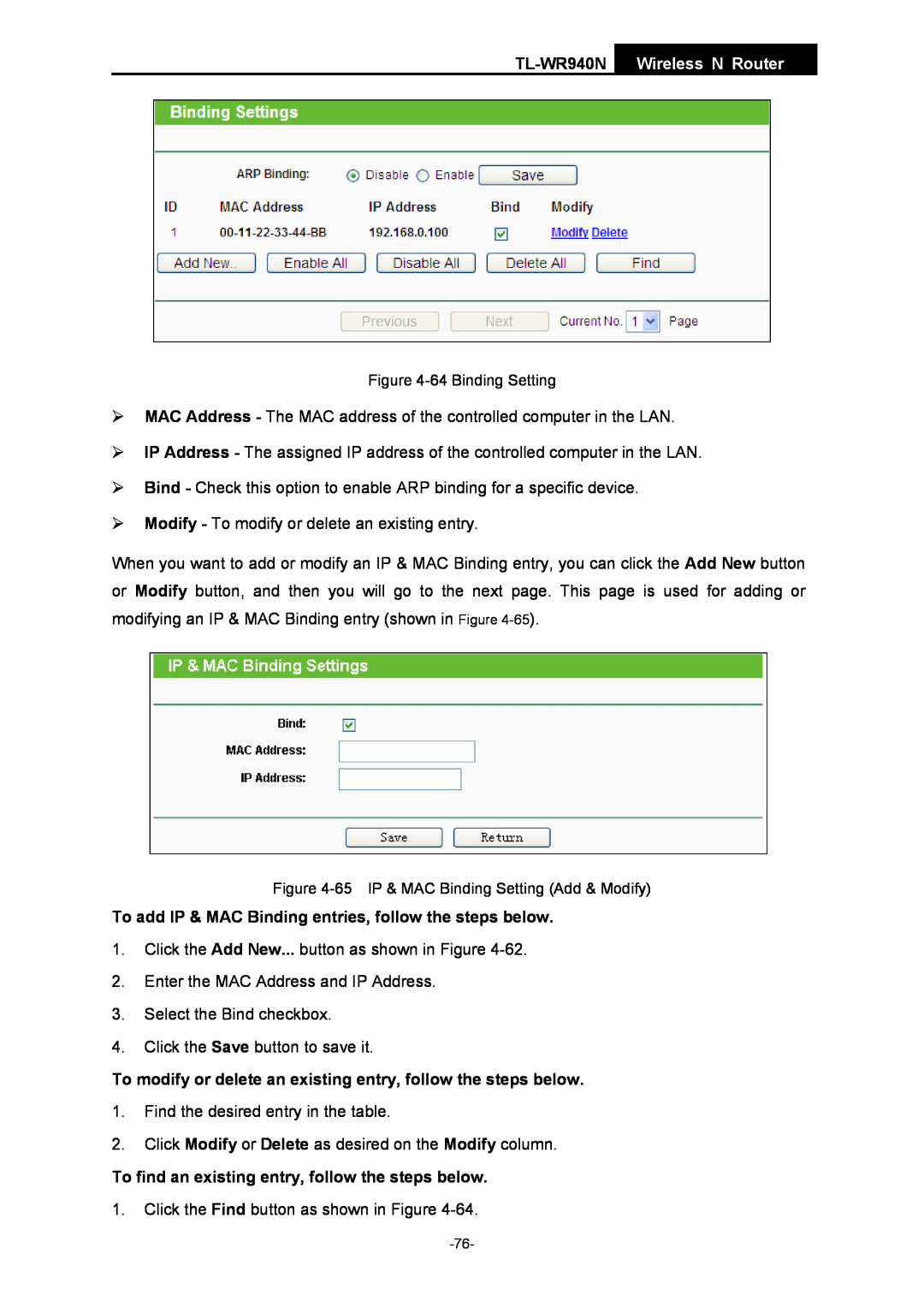 TP-Link manual To add IP & MAC Binding entries, follow the steps below, TL-WR940N Wireless N Router, 64 Binding Setting 