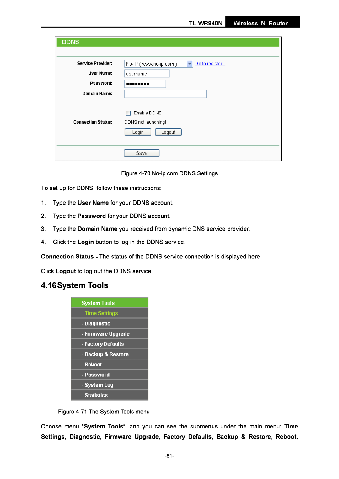 TP-Link manual 4.16System Tools, TL-WR940N Wireless N Router, 70 No-ip.com DDNS Settings, 71 The System Tools menu 