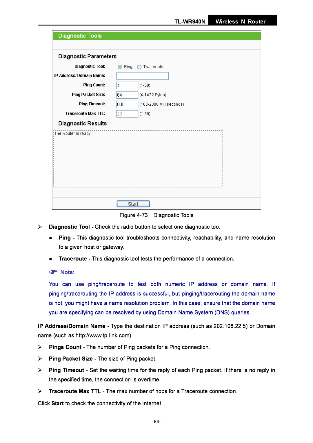 TP-Link manual TL-WR940N Wireless N Router, 73 Diagnostic Tools 