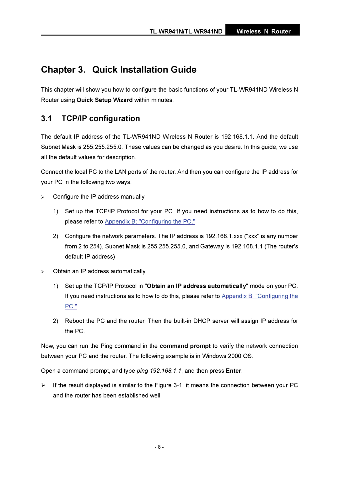 TP-Link TL-WR941ND manual Quick Installation Guide, TCP/IP configuration 