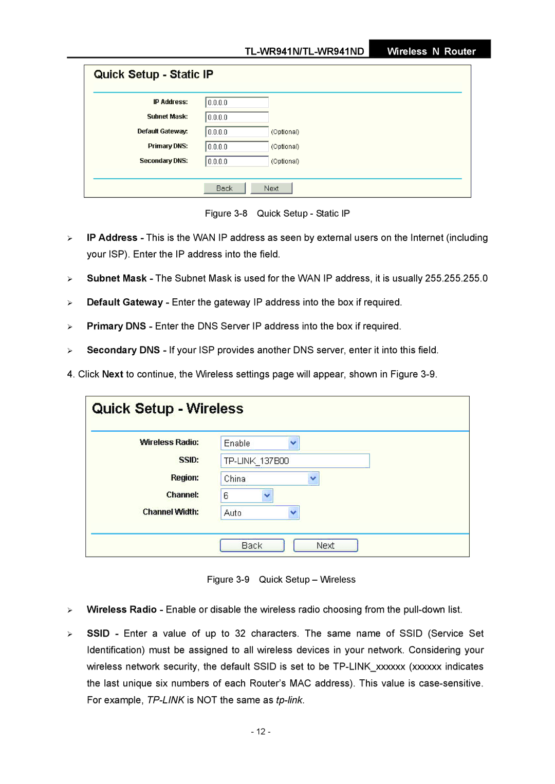 TP-Link TL-WR941ND manual Quick Setup Static IP 