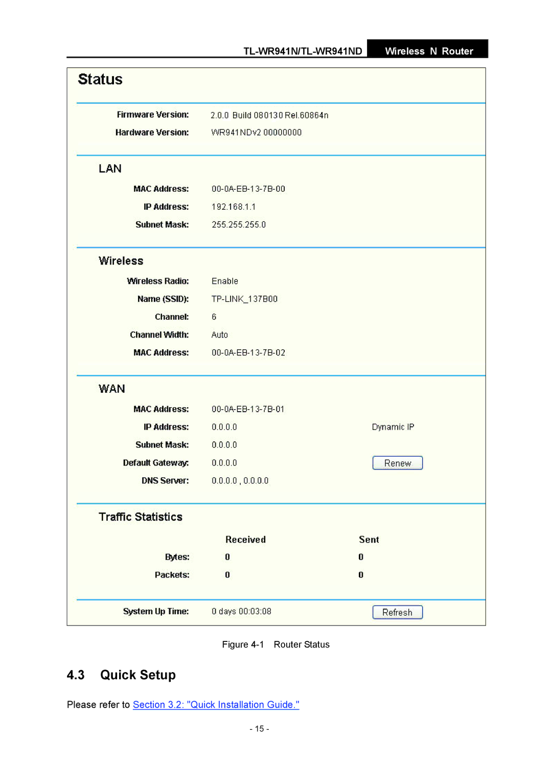 TP-Link TL-WR941ND manual Quick Setup, Router Status 