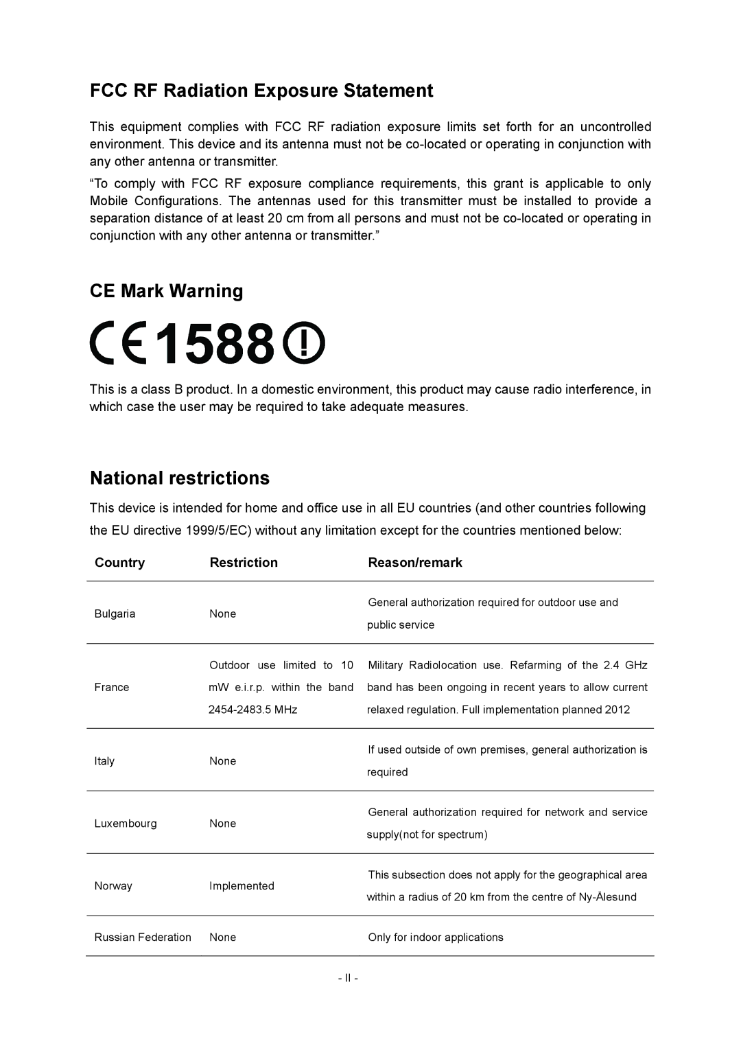 TP-Link TL-WR941ND manual FCC RF Radiation Exposure Statement, Country Restriction Reason/remark 