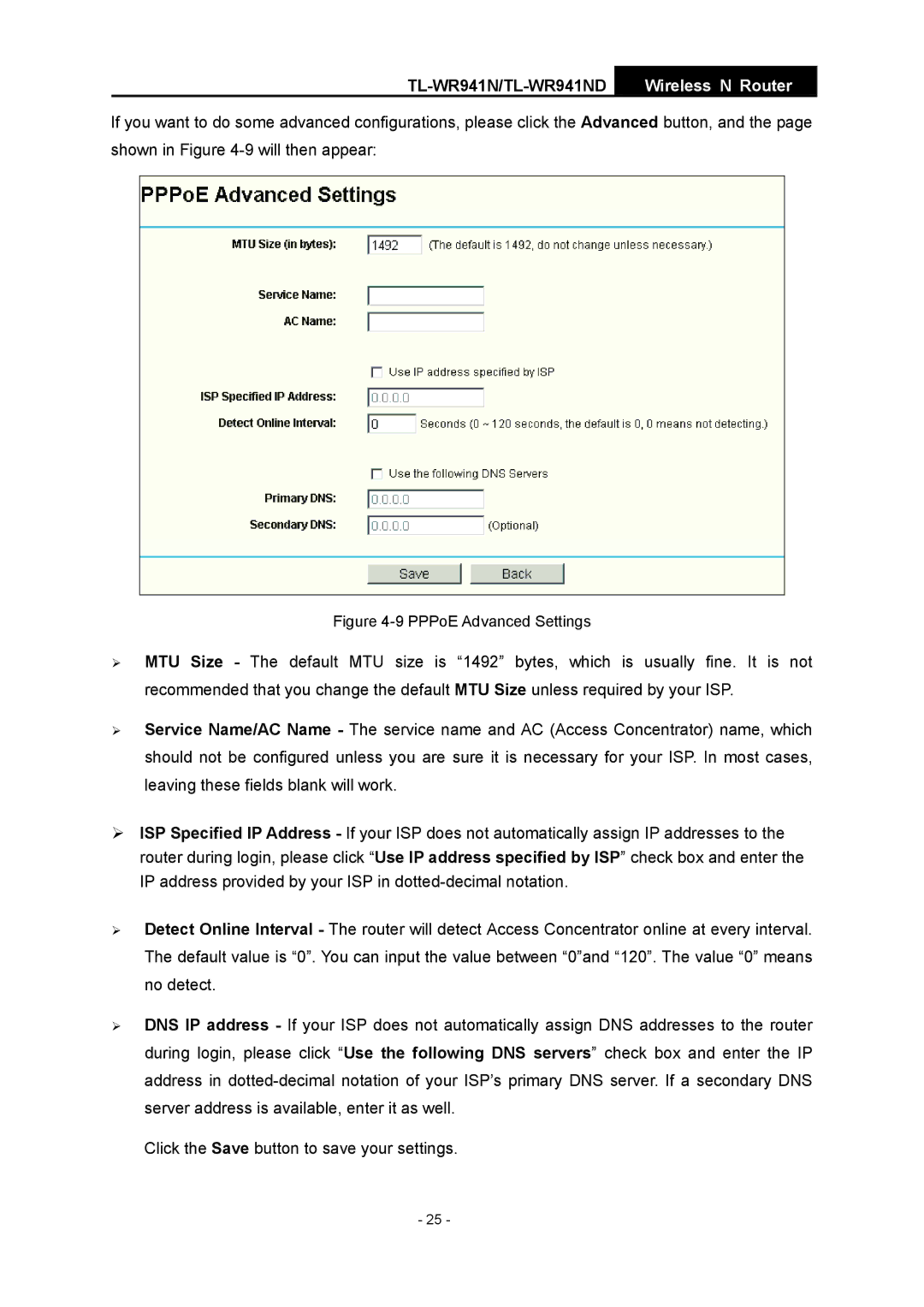 TP-Link TL-WR941ND manual PPPoE Advanced Settings 