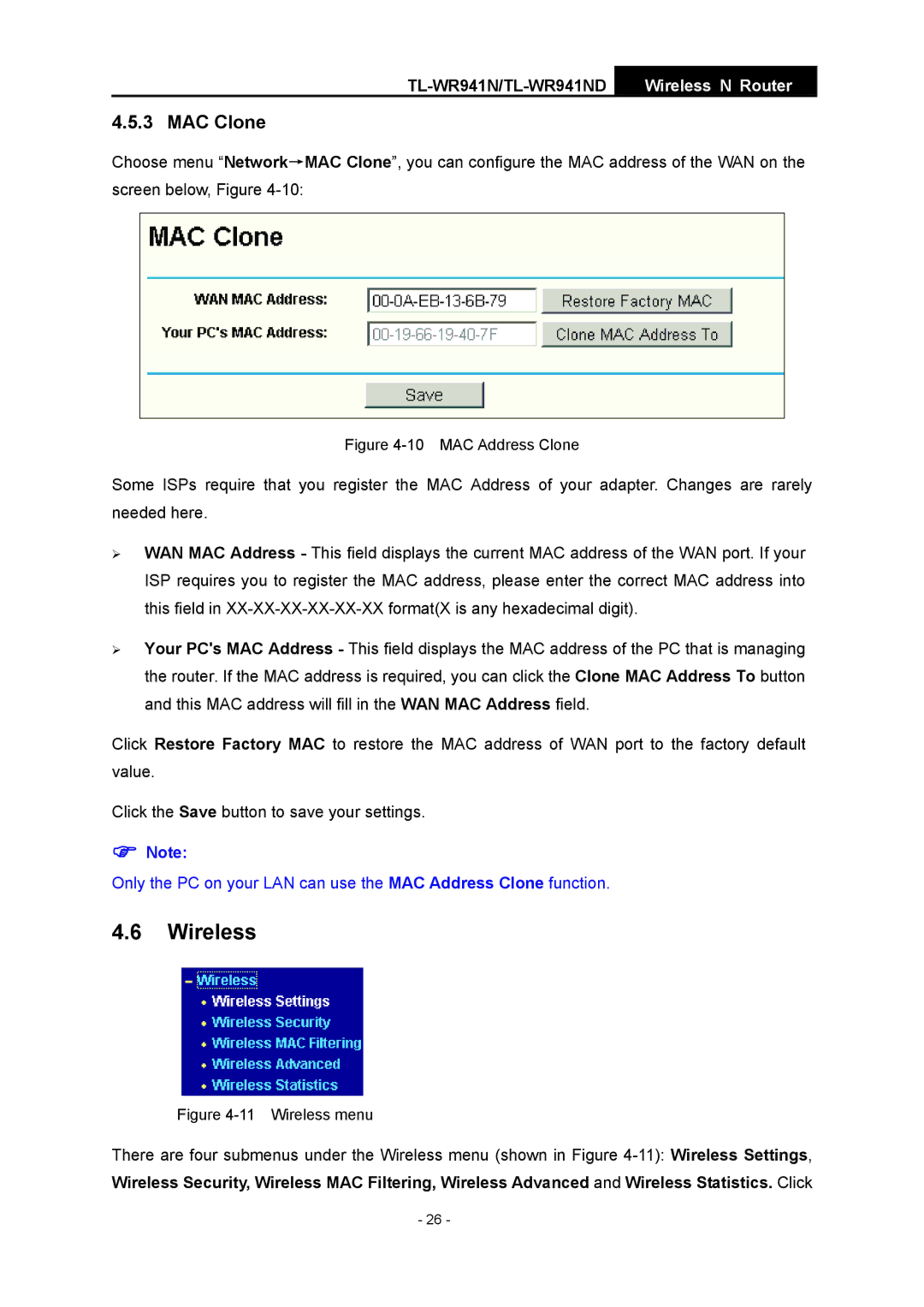 TP-Link TL-WR941ND manual Wireless, MAC Clone 