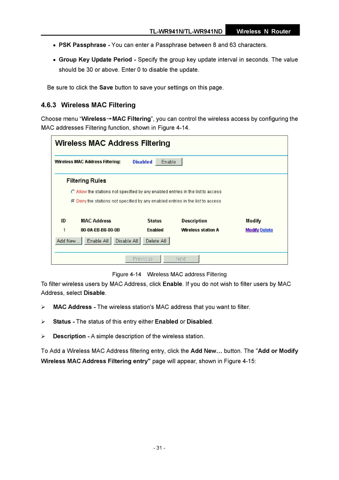 TP-Link TL-WR941ND manual Wireless MAC Filtering, Wireless MAC address Filtering 