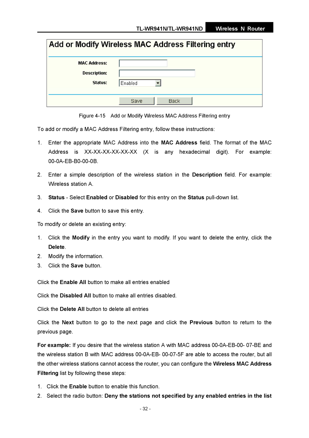 TP-Link TL-WR941ND manual Add or Modify Wireless MAC Address Filtering entry 