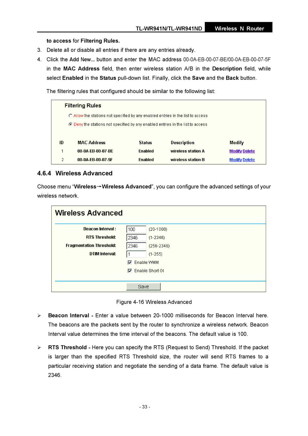 TP-Link TL-WR941ND manual Wireless Advanced, To access for Filtering Rules 