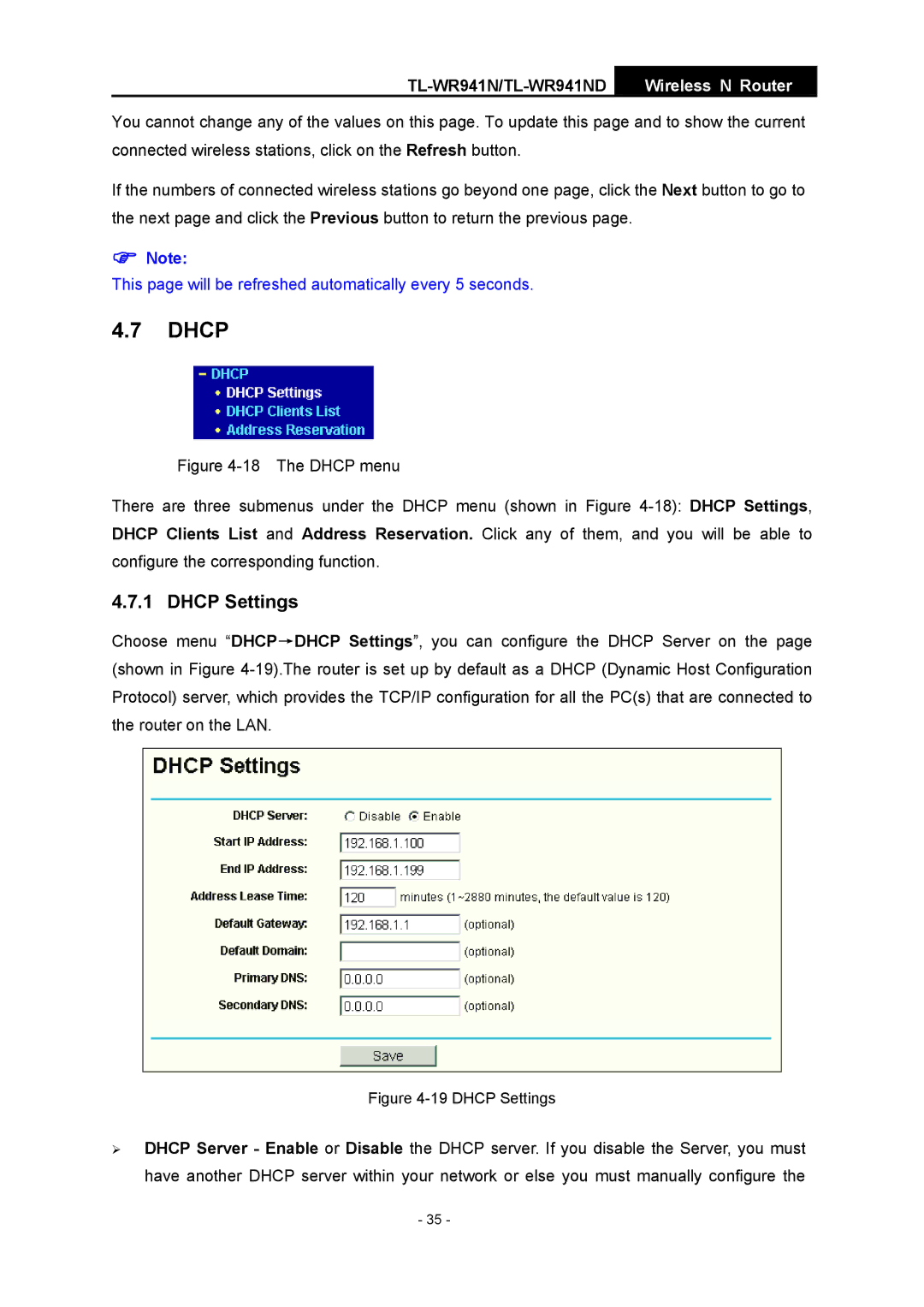 TP-Link TL-WR941ND manual Dhcp Settings 