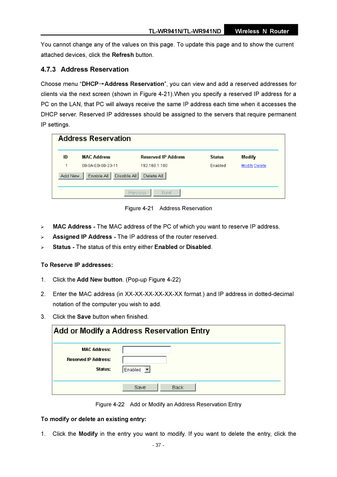 TP-Link TL-WR941ND manual Address Reservation, To Reserve IP addresses, To modify or delete an existing entry 