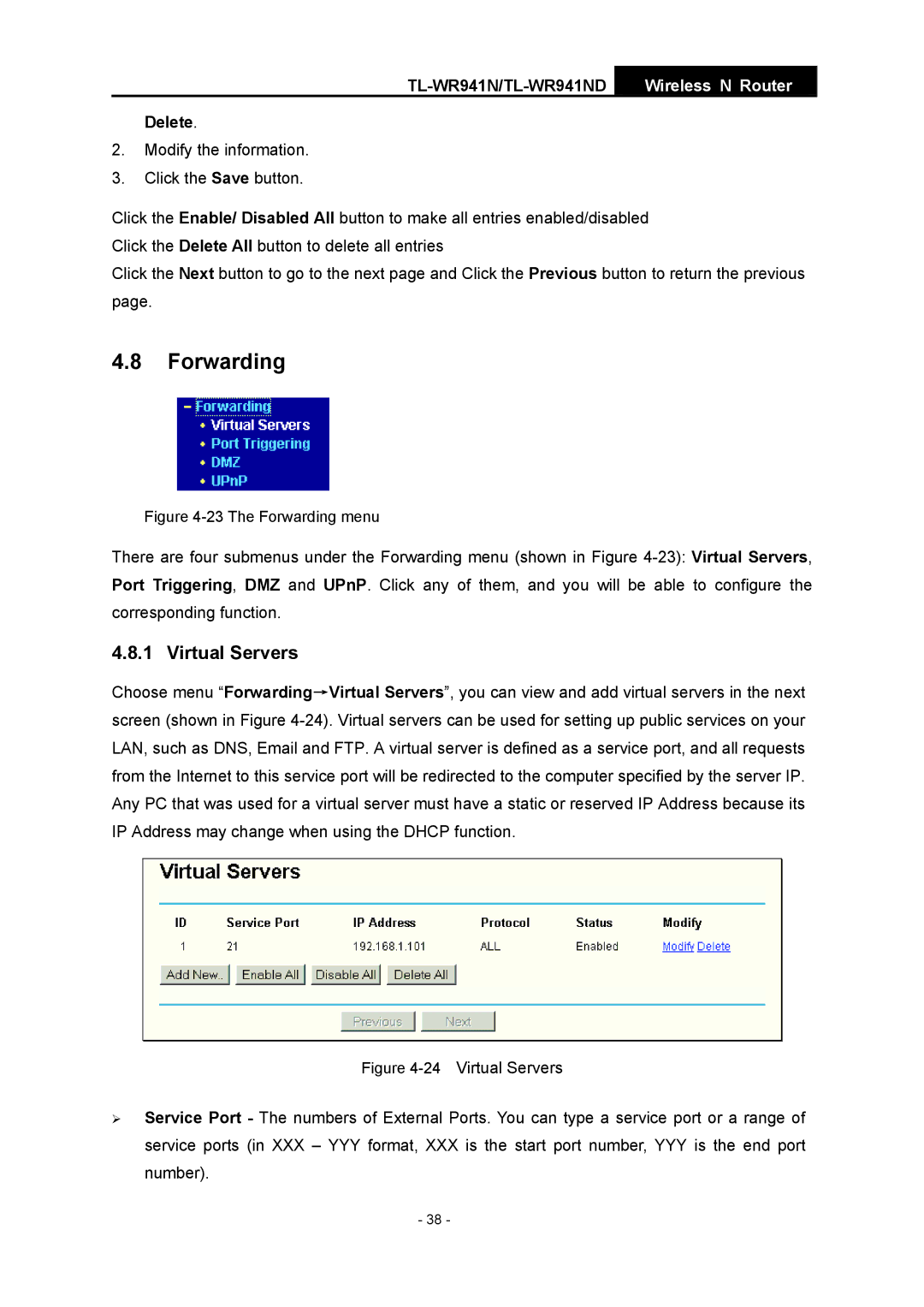 TP-Link TL-WR941ND manual Forwarding, Virtual Servers, Delete 