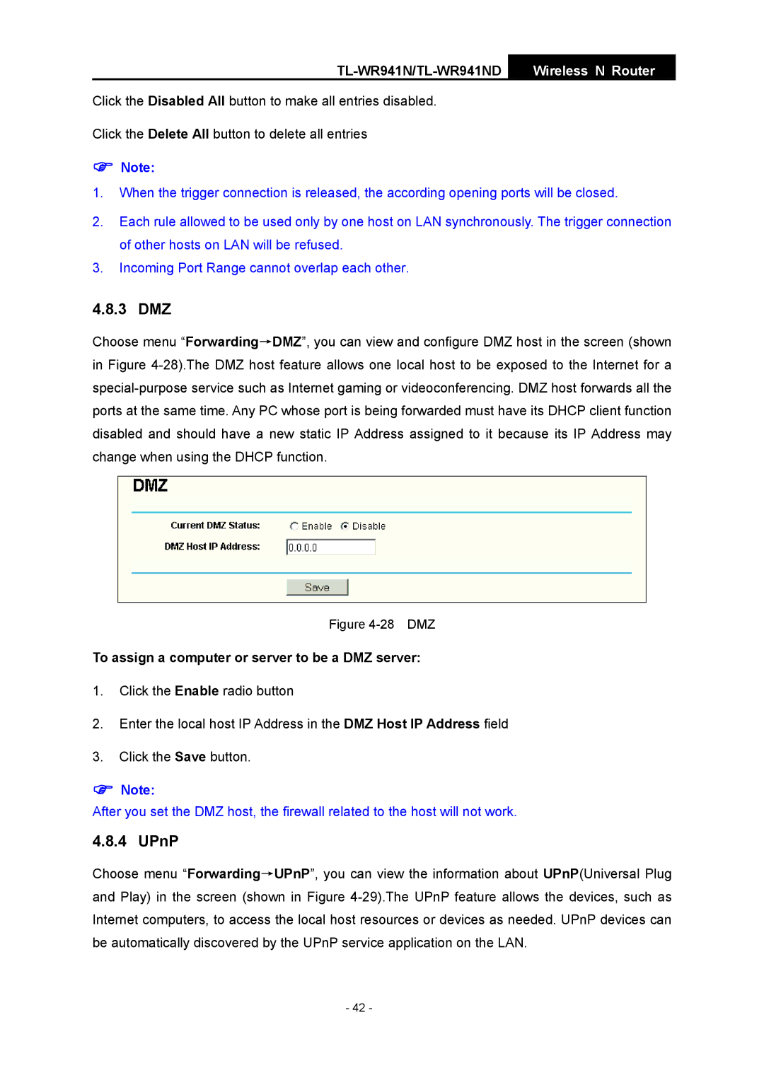 TP-Link TL-WR941ND manual 3 DMZ, UPnP, To assign a computer or server to be a DMZ server 