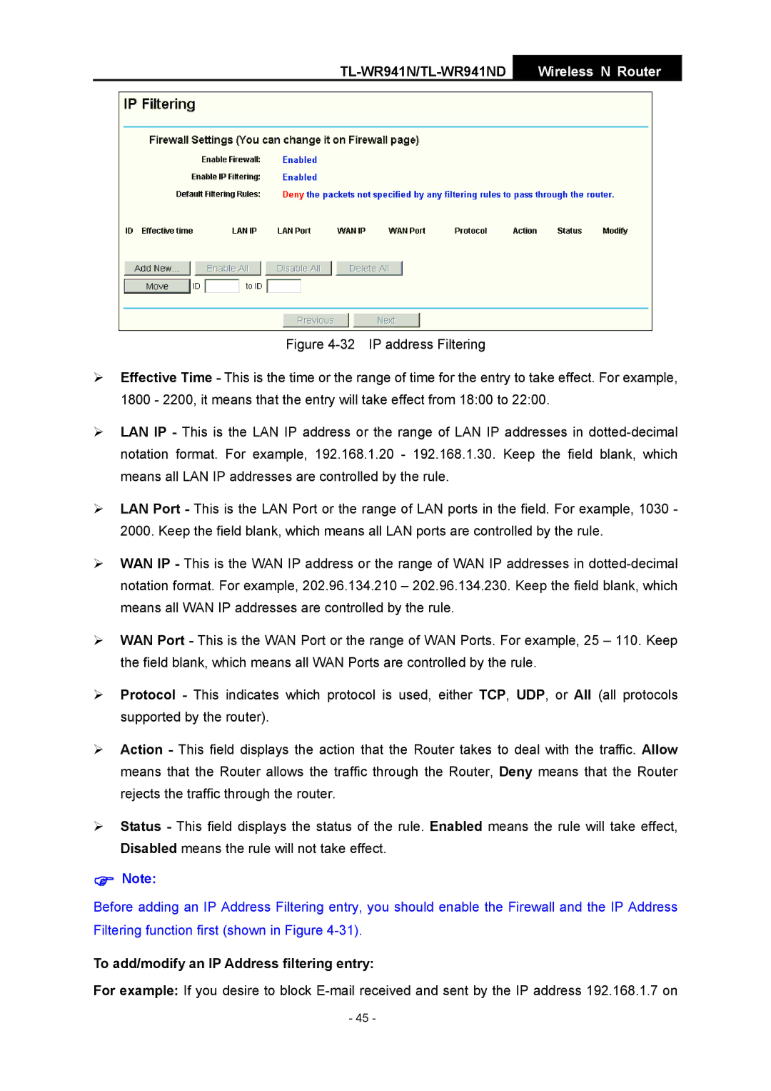 TP-Link TL-WR941ND manual To add/modify an IP Address filtering entry 