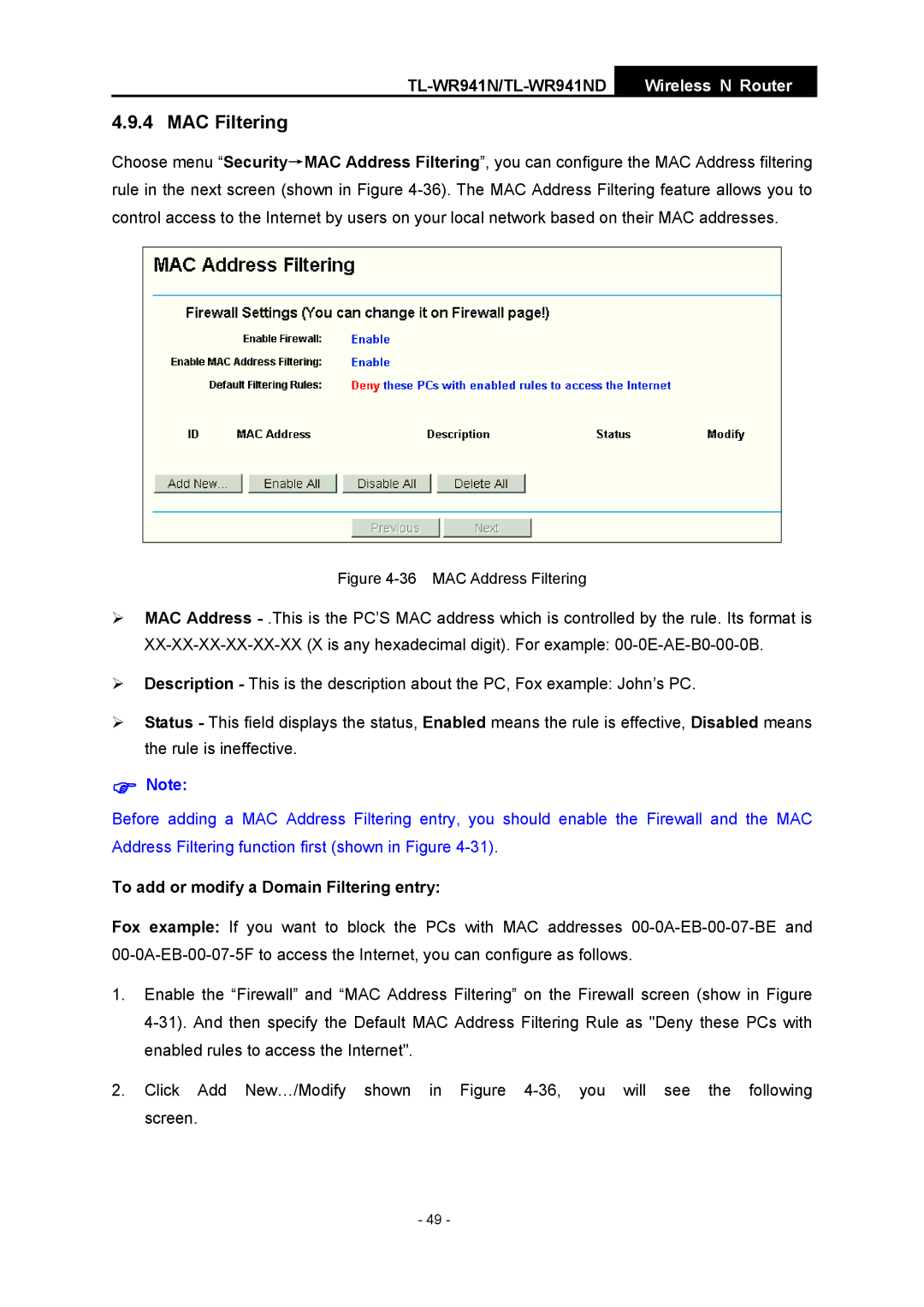 TP-Link TL-WR941ND manual MAC Filtering, To add or modify a Domain Filtering entry 