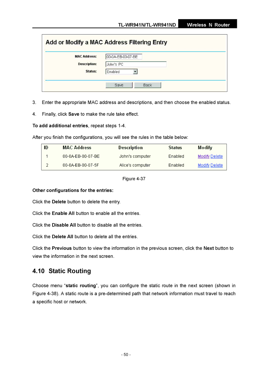 TP-Link TL-WR941ND manual Static Routing, To add additional entries, repeat steps 