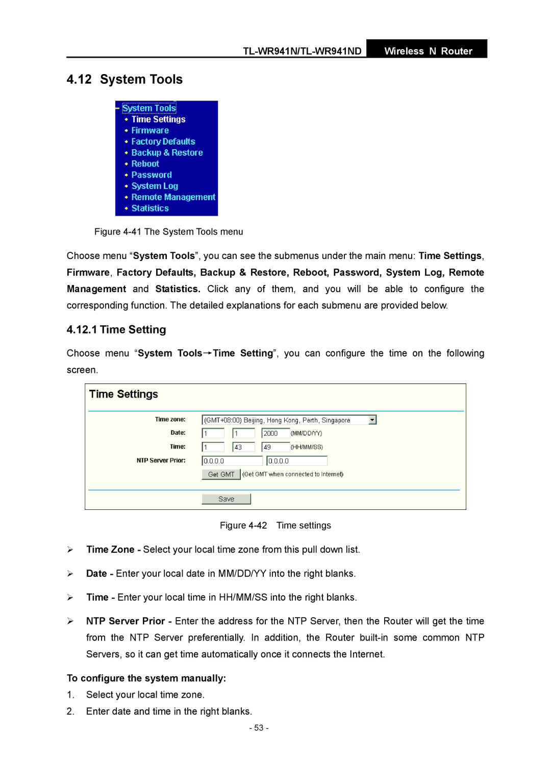 TP-Link TL-WR941ND System Tools, Time Setting, To configure the system manually 