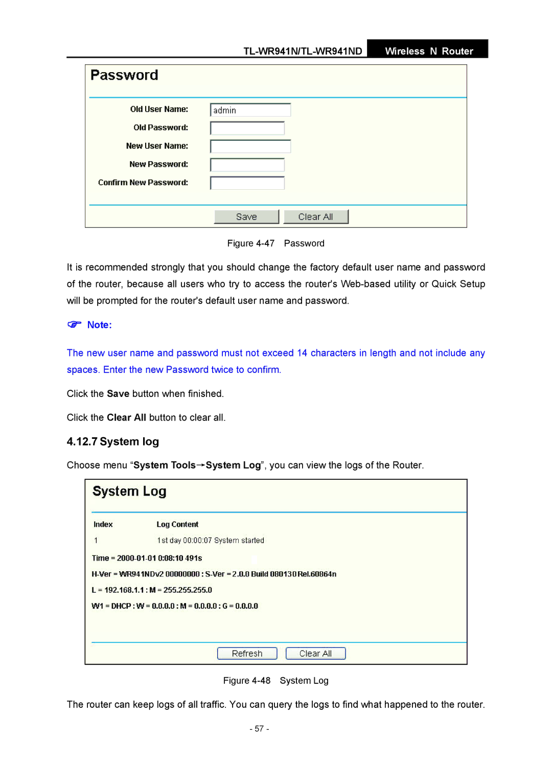 TP-Link TL-WR941ND manual System log, Password 