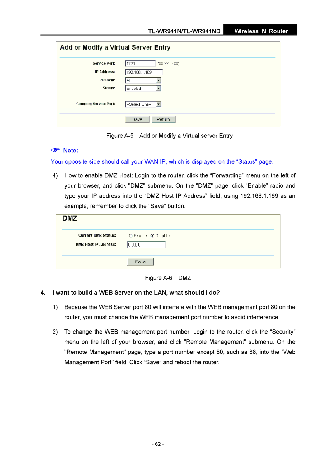 TP-Link TL-WR941ND manual Figure A-5 Add or Modify a Virtual server Entry 