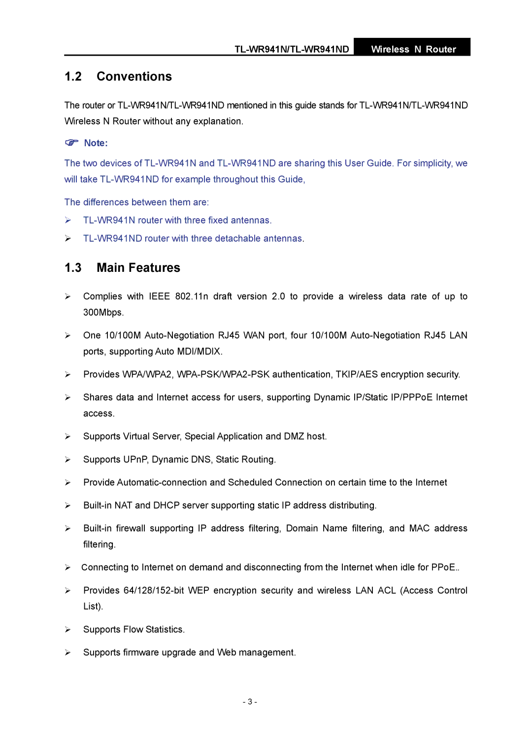 TP-Link TL-WR941ND manual Conventions, Main Features 