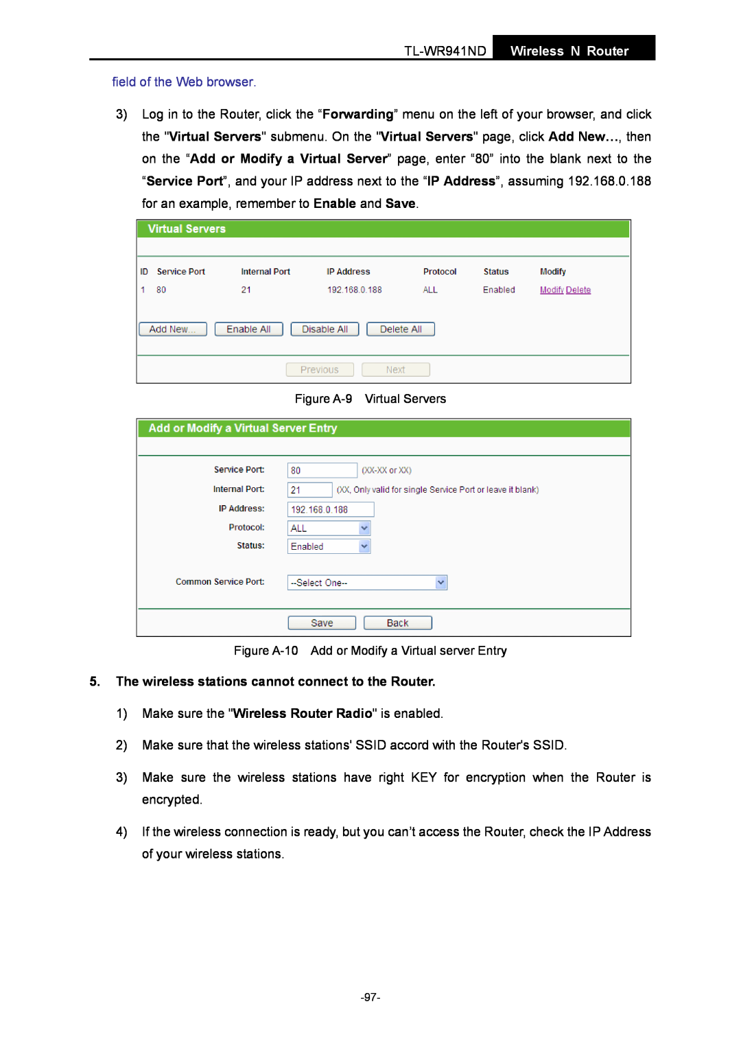 TP-Link TL-WR941ND manual field of the Web browser, The wireless stations cannot connect to the Router 