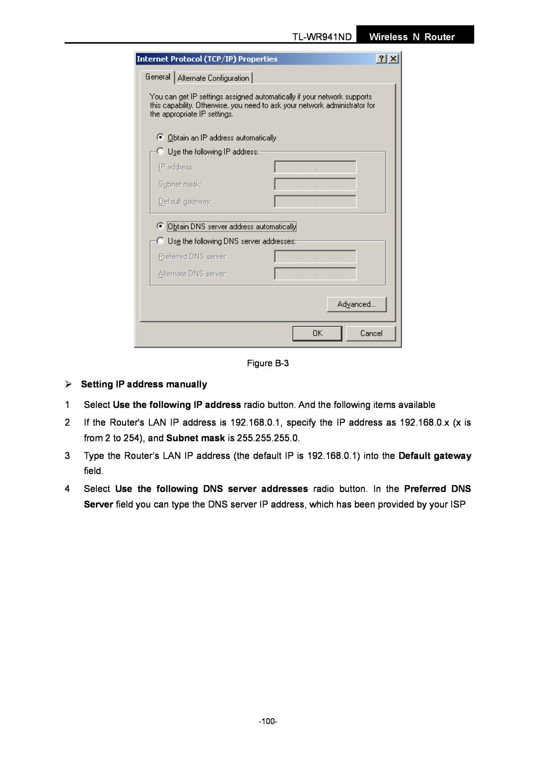 TP-Link ¾ Setting IP address manually, TL-WR941ND Wireless N Router, Figure B-3 
