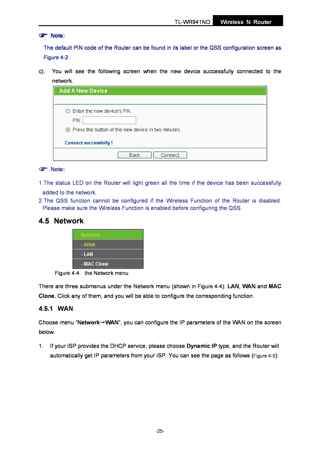 TP-Link manual Network, 4.5.1 WAN, added to the network, TL-WR941ND Wireless N Router 