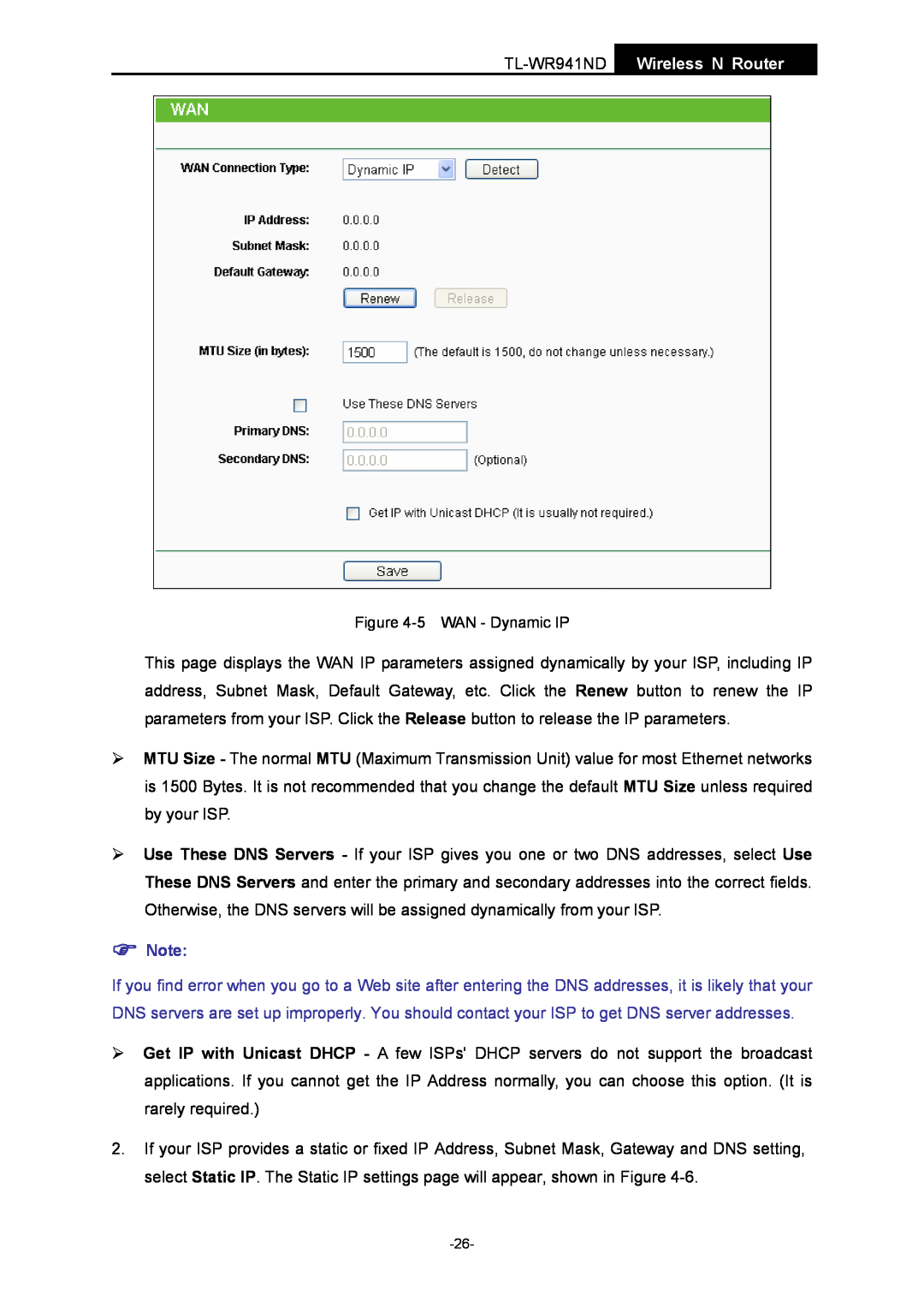 TP-Link manual TL-WR941ND Wireless N Router, 5 WAN - Dynamic IP 