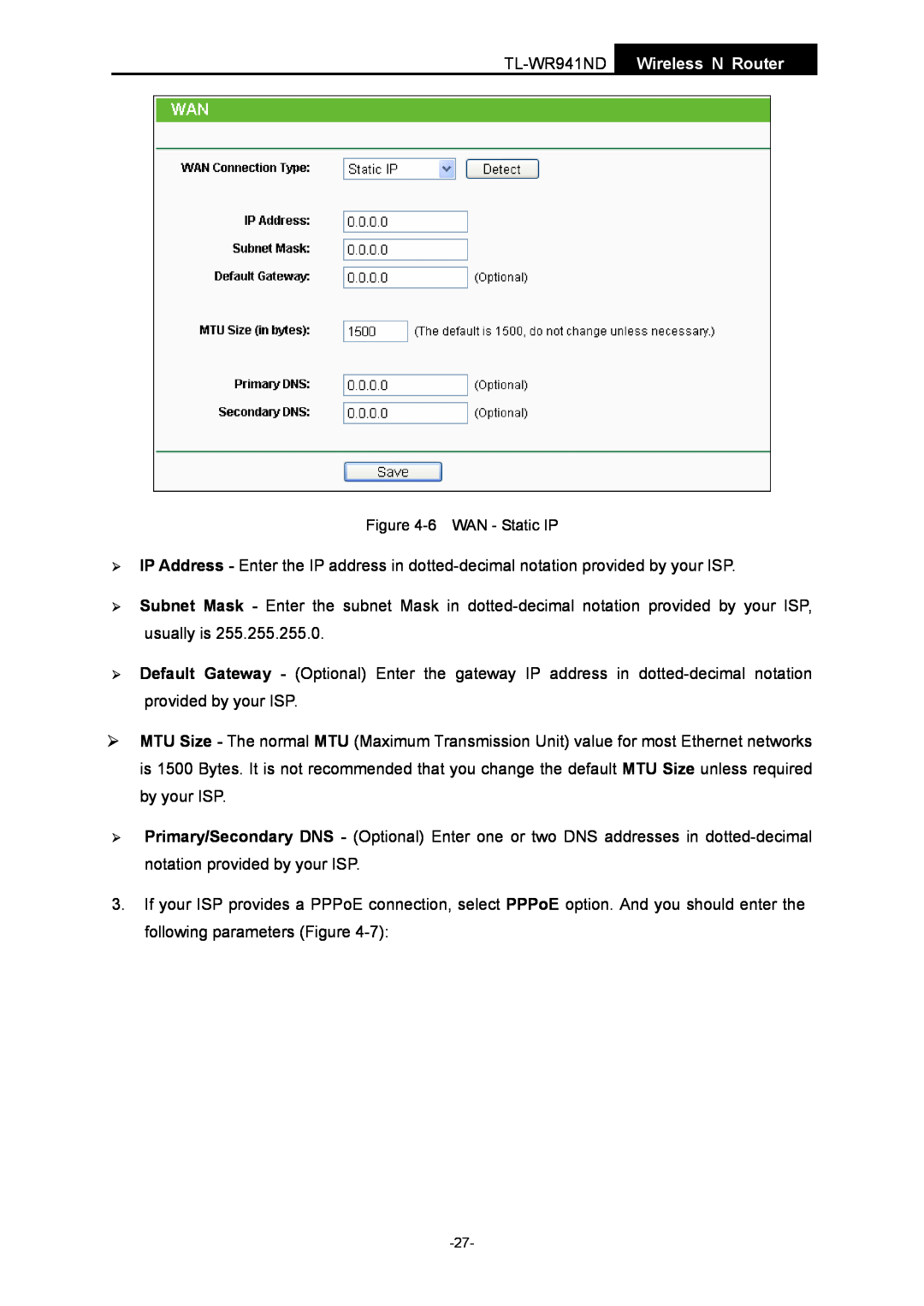 TP-Link manual TL-WR941ND Wireless N Router, 6 WAN - Static IP 