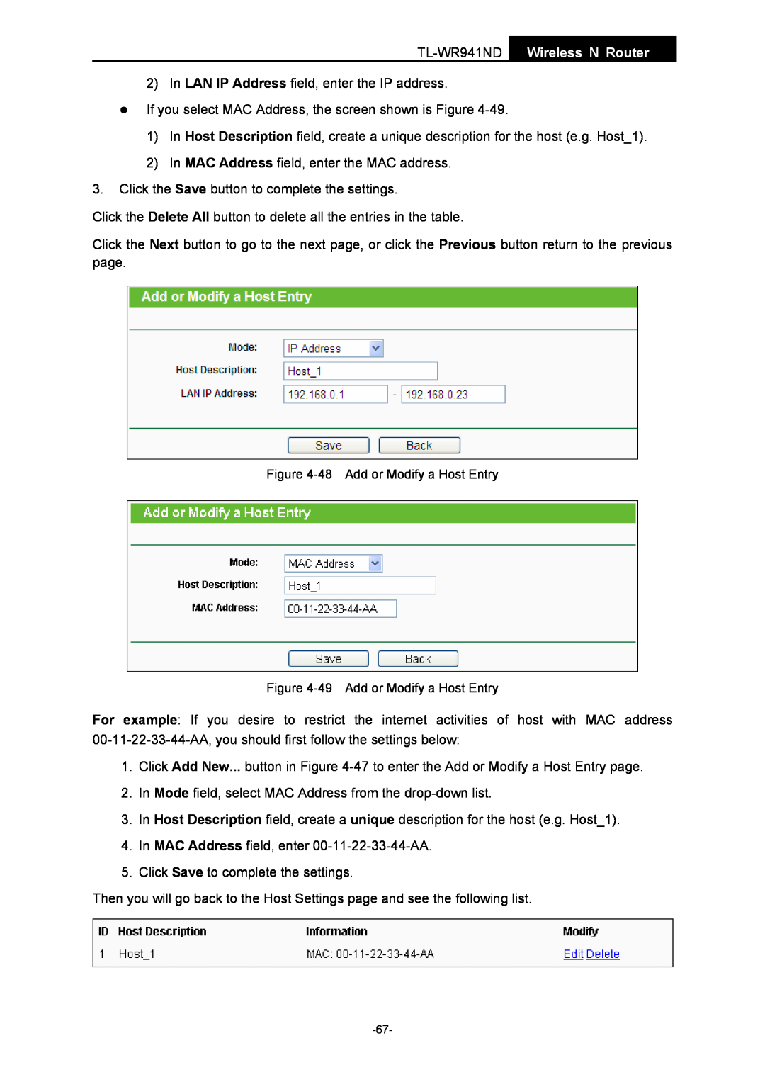 TP-Link manual TL-WR941ND Wireless N Router, 48 Add or Modify a Host Entry, 49 Add or Modify a Host Entry 