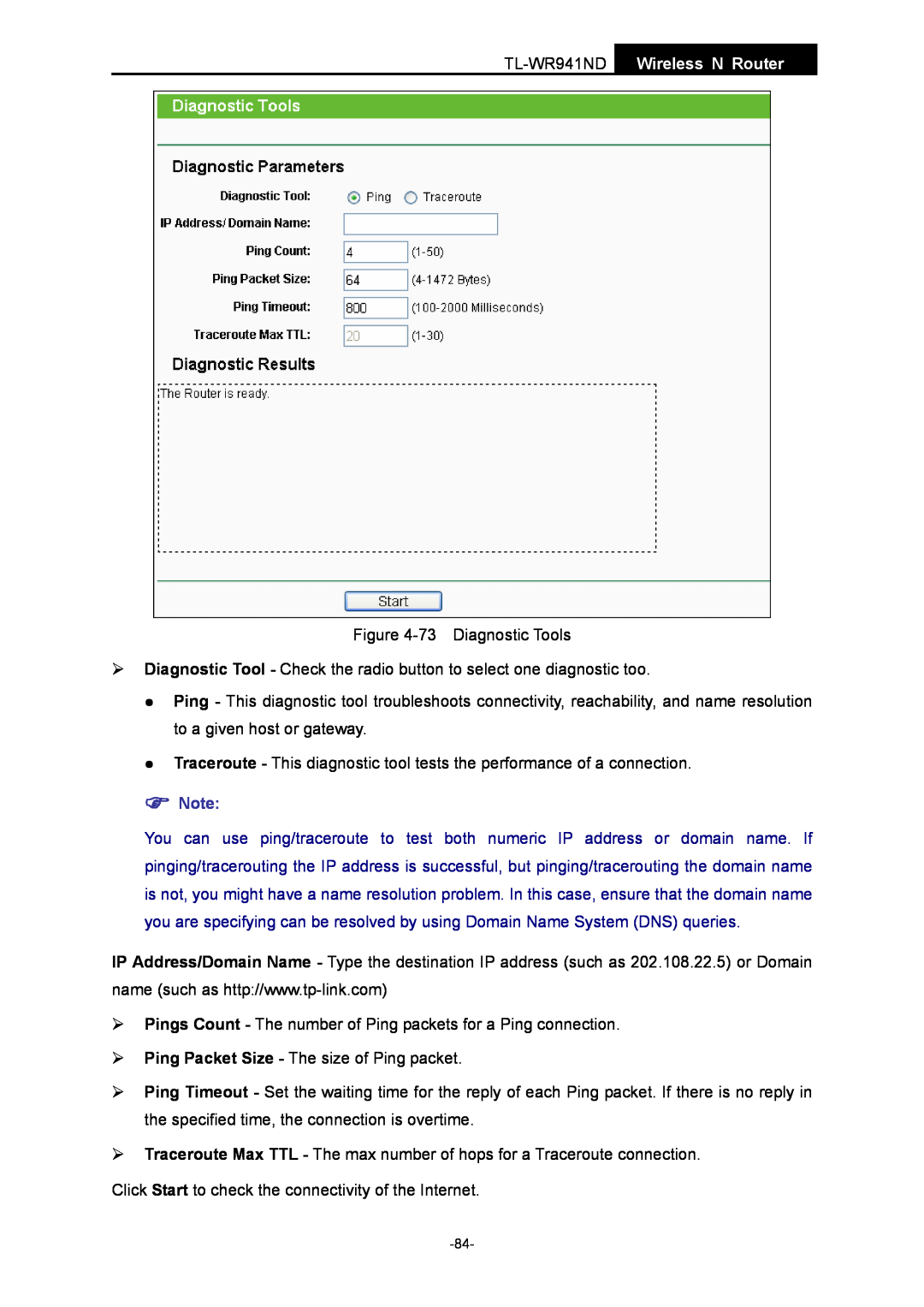 TP-Link manual TL-WR941ND Wireless N Router, 73 Diagnostic Tools 