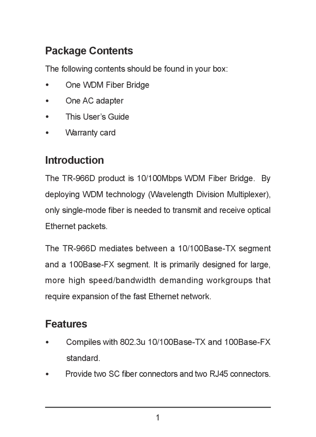 TP-Link TR-966D manual Package Contents, Introduction, Features 