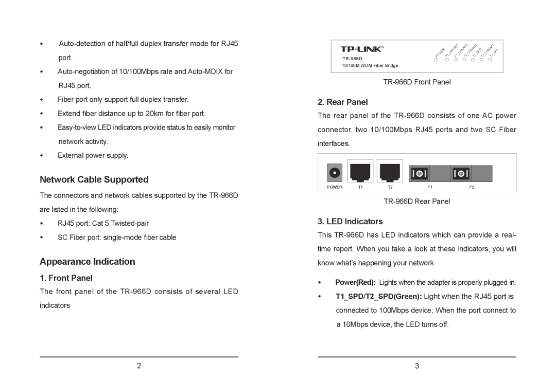 TP-Link TR-966D manual Network Cable Supported, Appearance Indication, Front Panel, Rear Panel, LED Indicators 