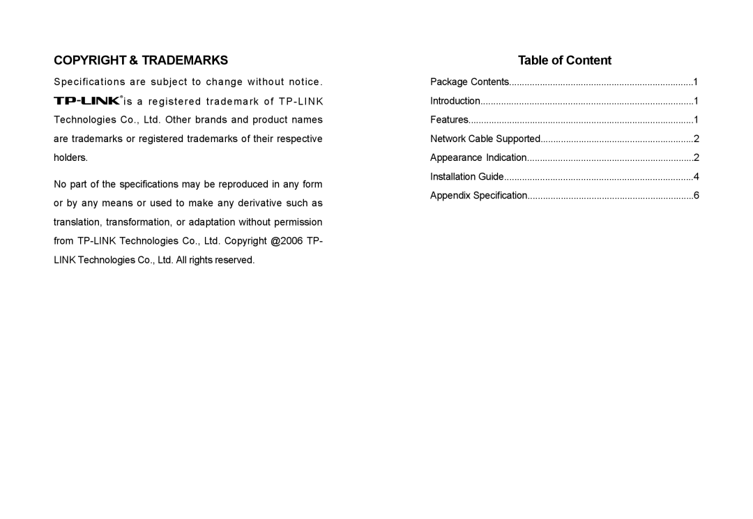 TP-Link TR-966D Copyright & Trademarks, Table of Content, Package Contents, Introduction, Features, Appearance Indication 