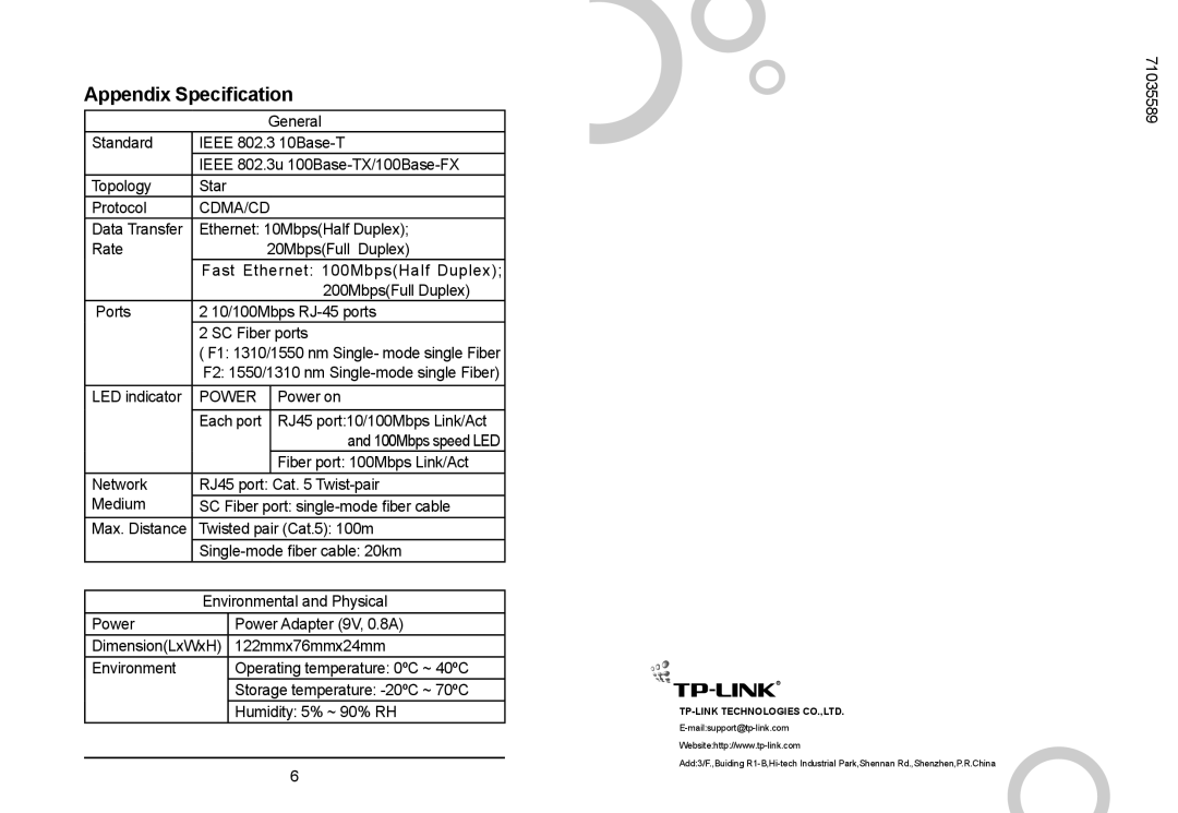 TP-Link TR-966D manual Appendix Specification 