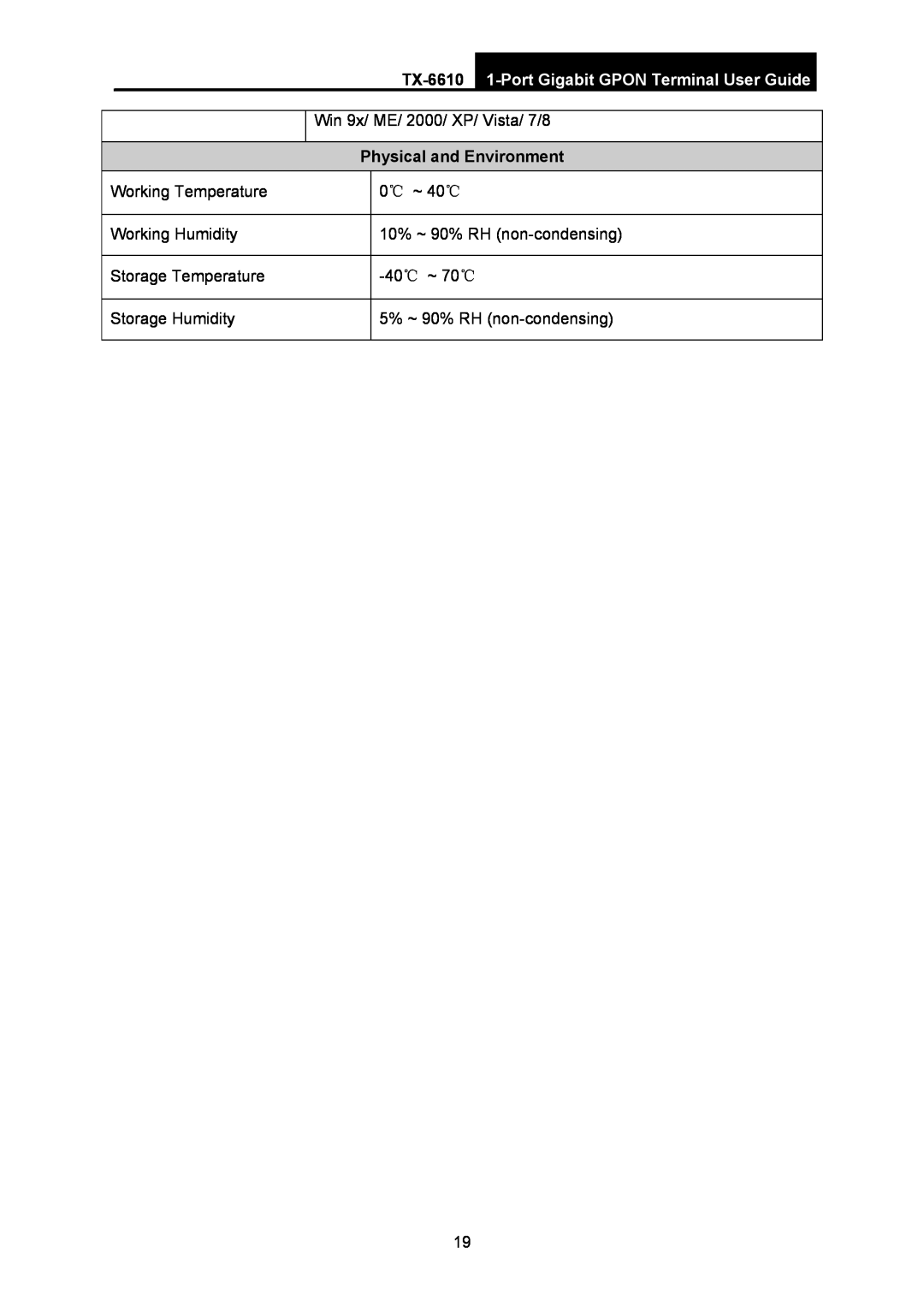 TP-Link TX-6610 Win 9x/ ME/ 2000/ XP/ Vista/ 7/8, Physical and Environment, Working Temperature, Working Humidity, 40 ~ 