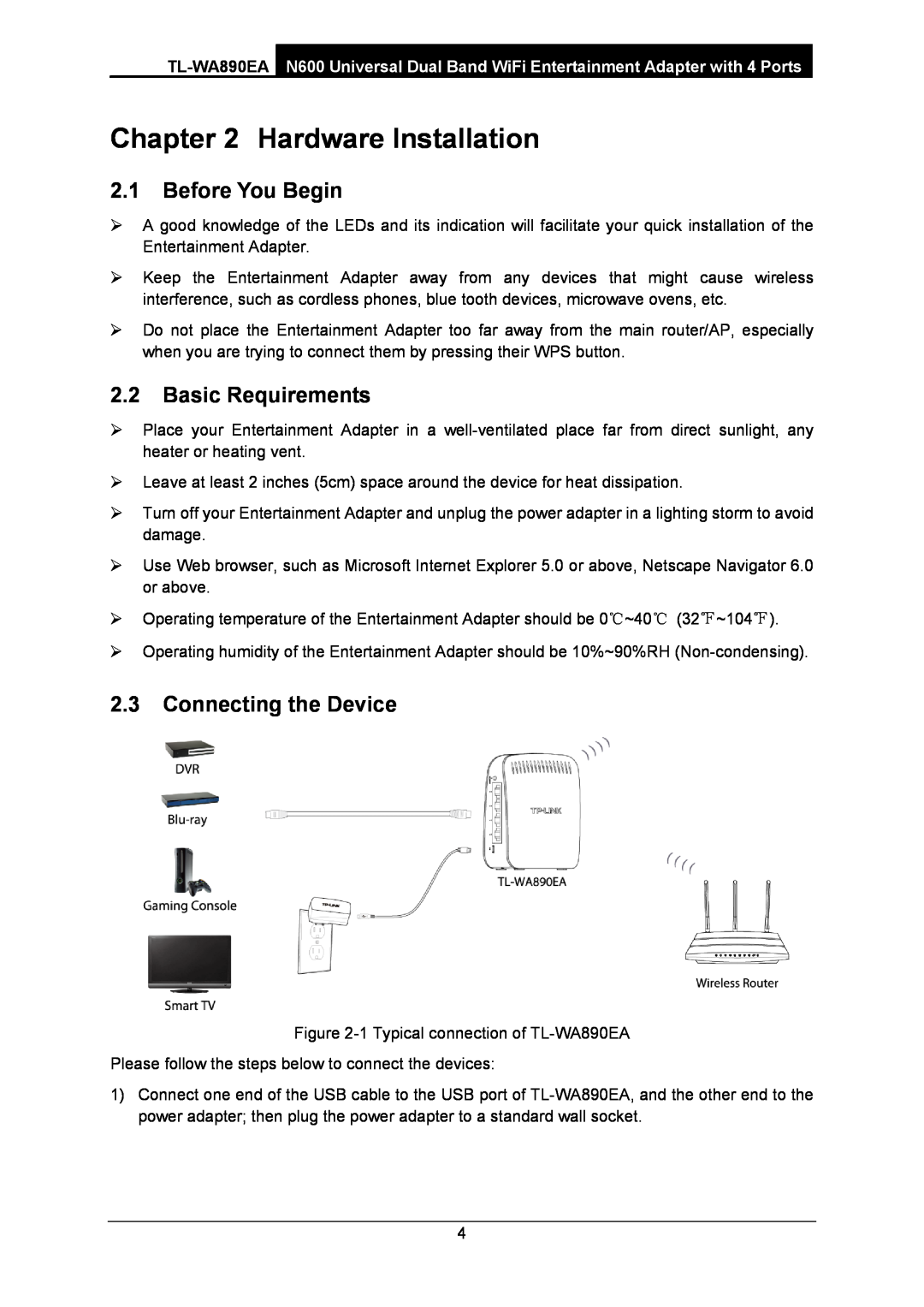 TP-Link WA-890EA manual Hardware Installation, Before You Begin, Basic Requirements, Connecting the Device 
