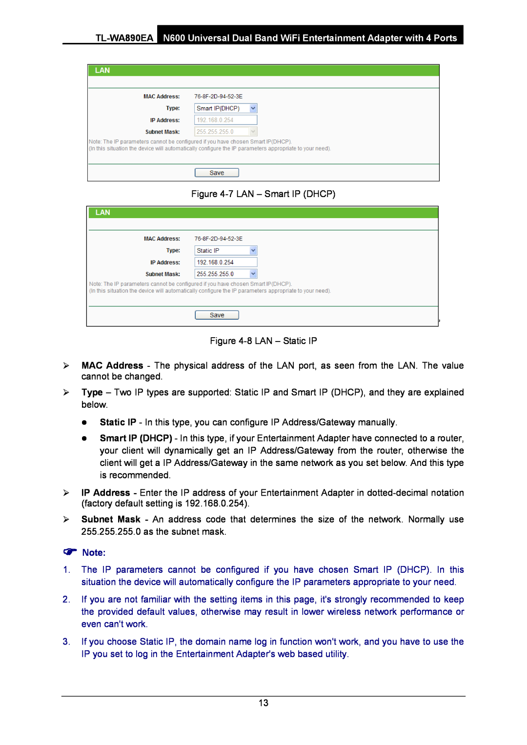 TP-Link WA-890EA manual 7 LAN - Smart IP DHCP ’ -8 LAN - Static IP,  Note 