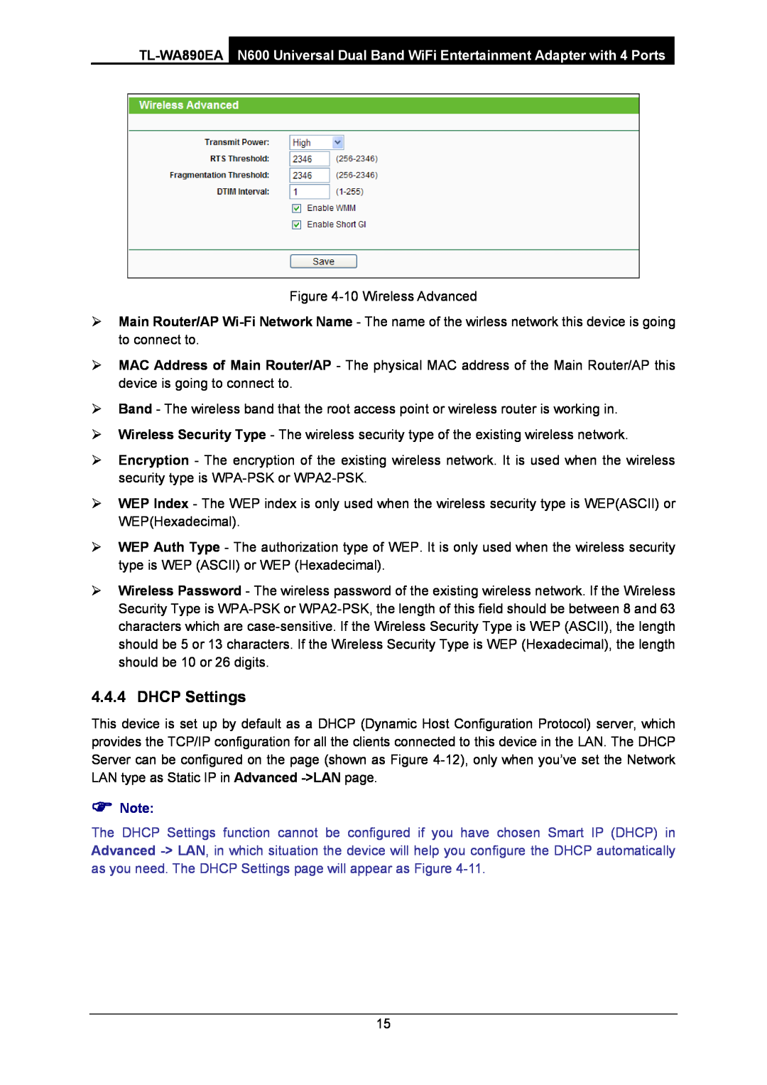 TP-Link WA-890EA manual DHCP Settings,  Note 