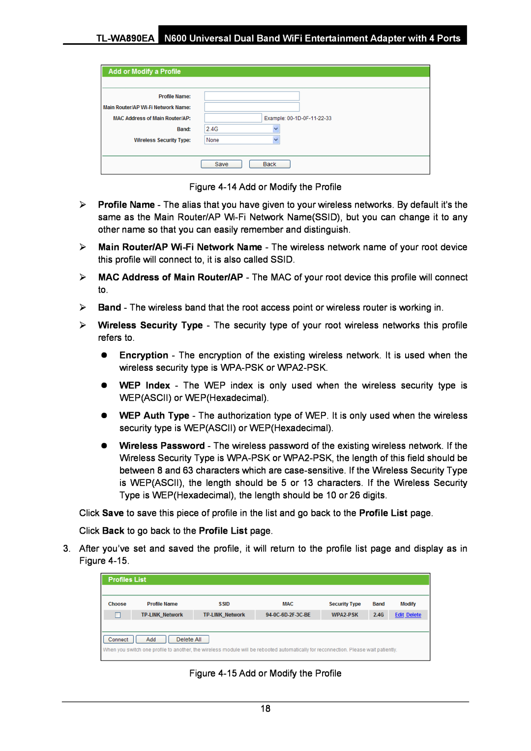 TP-Link WA-890EA manual 14 Add or Modify the Profile 