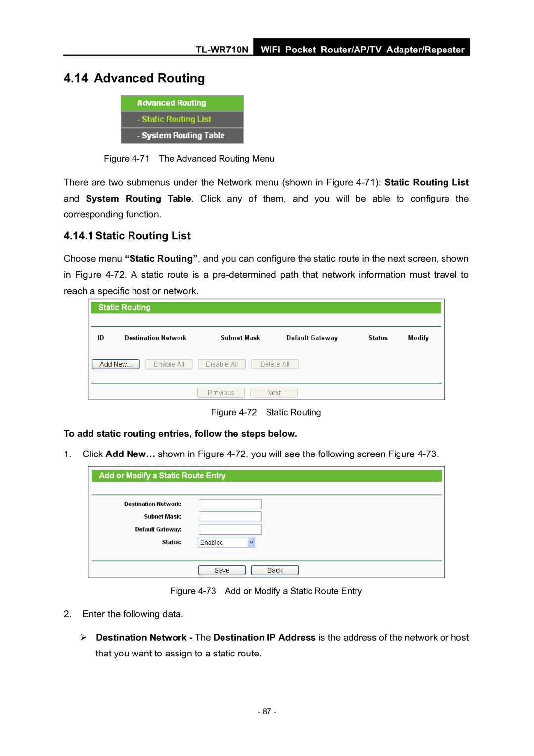 TP-Link WiFi Pocket Router/AP/TV Adapter/repeater manual Advanced Routing, Static Routing List 