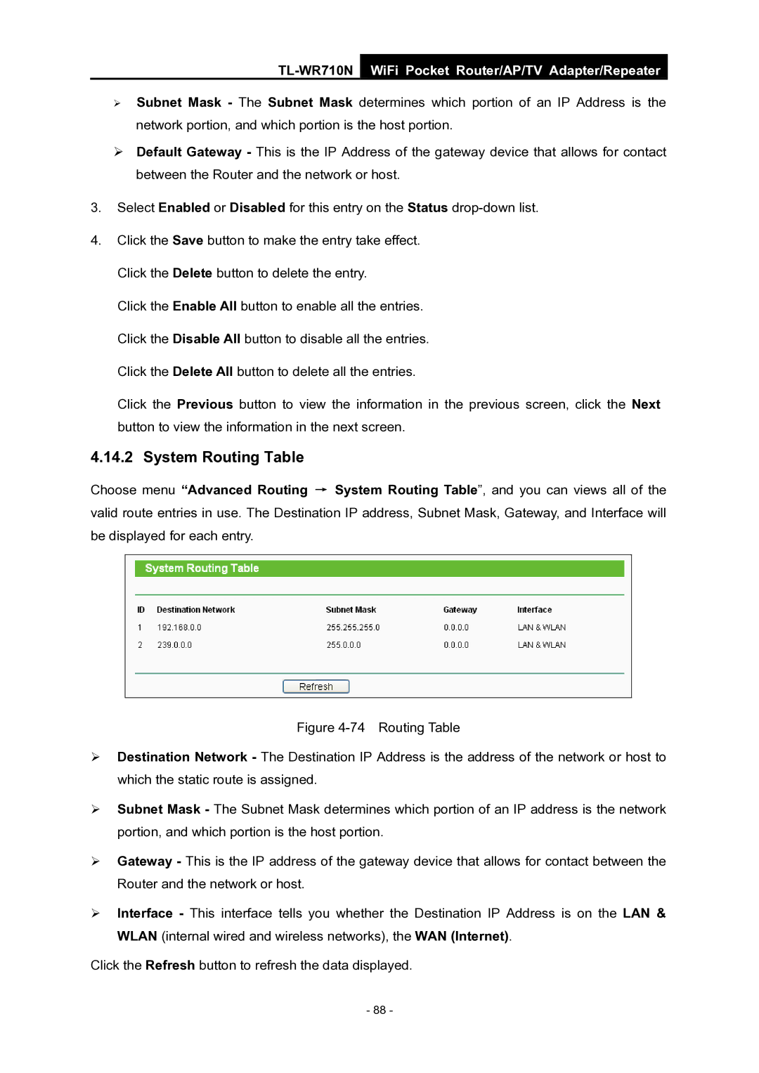 TP-Link WiFi Pocket Router/AP/TV Adapter/repeater manual System Routing Table 