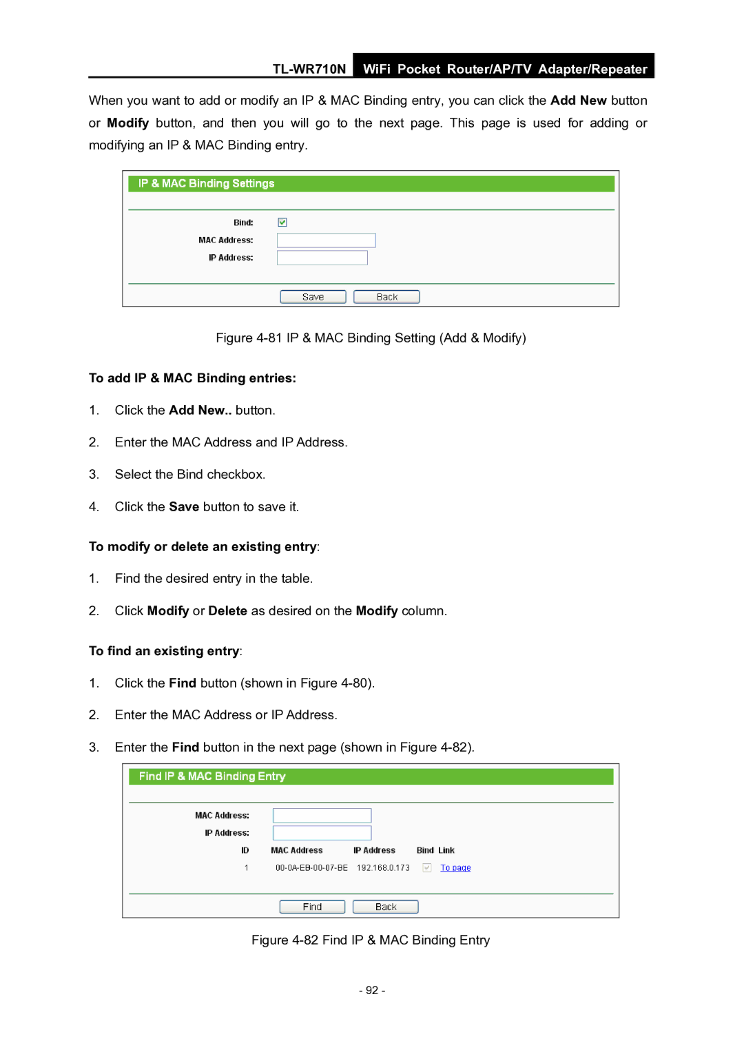 TP-Link WiFi Pocket Router/AP/TV Adapter/repeater manual To add IP & MAC Binding entries, To find an existing entry 