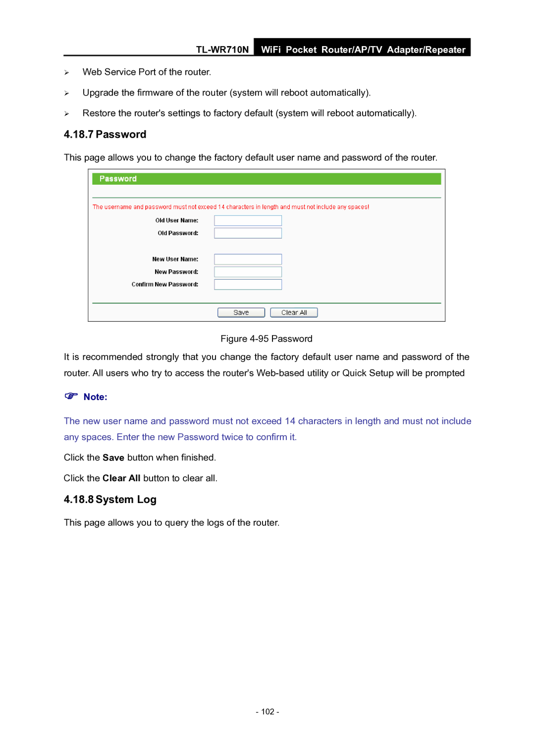 TP-Link WiFi Pocket Router/AP/TV Adapter/repeater manual Password, System Log 