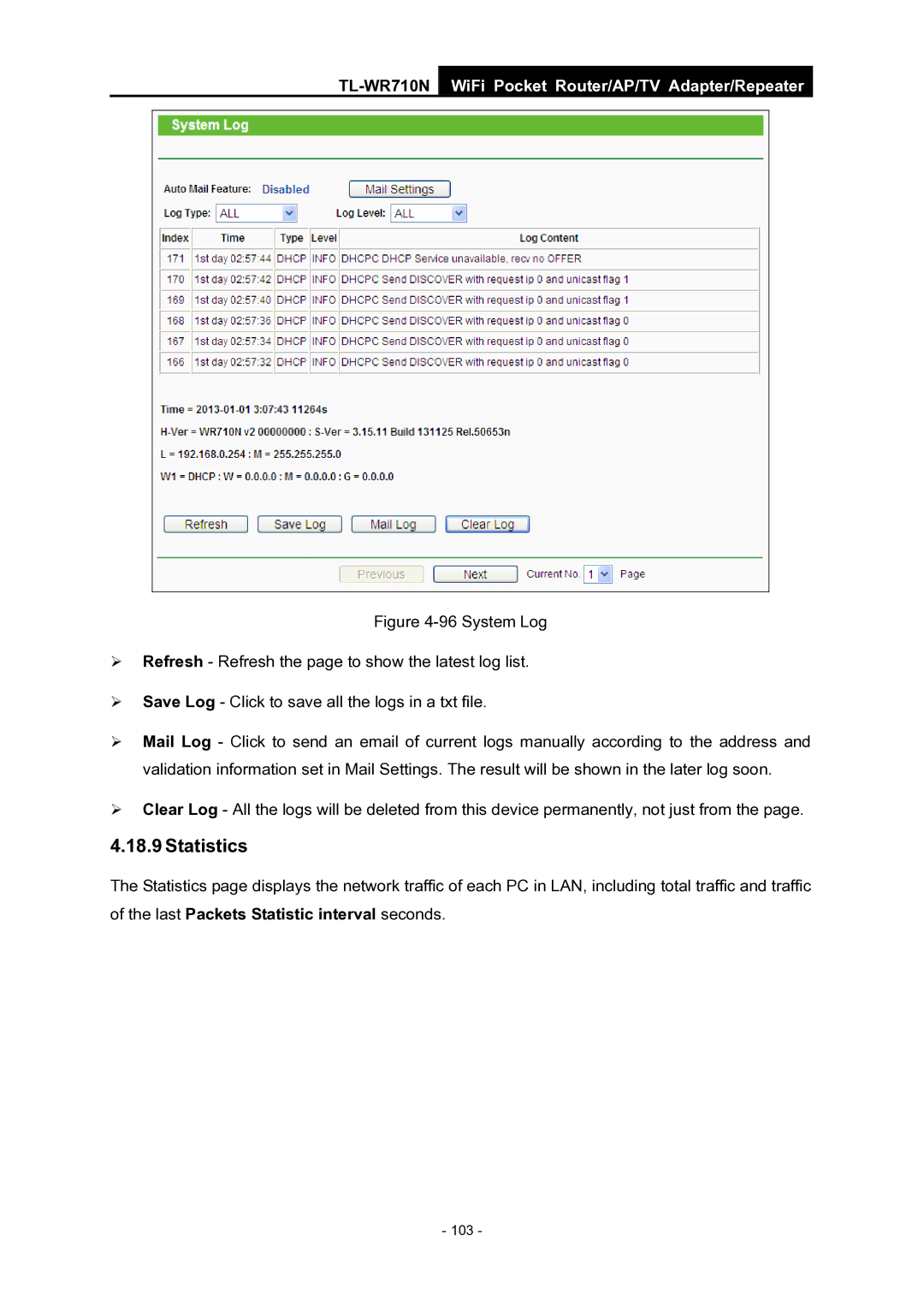 TP-Link WiFi Pocket Router/AP/TV Adapter/repeater manual Statistics 