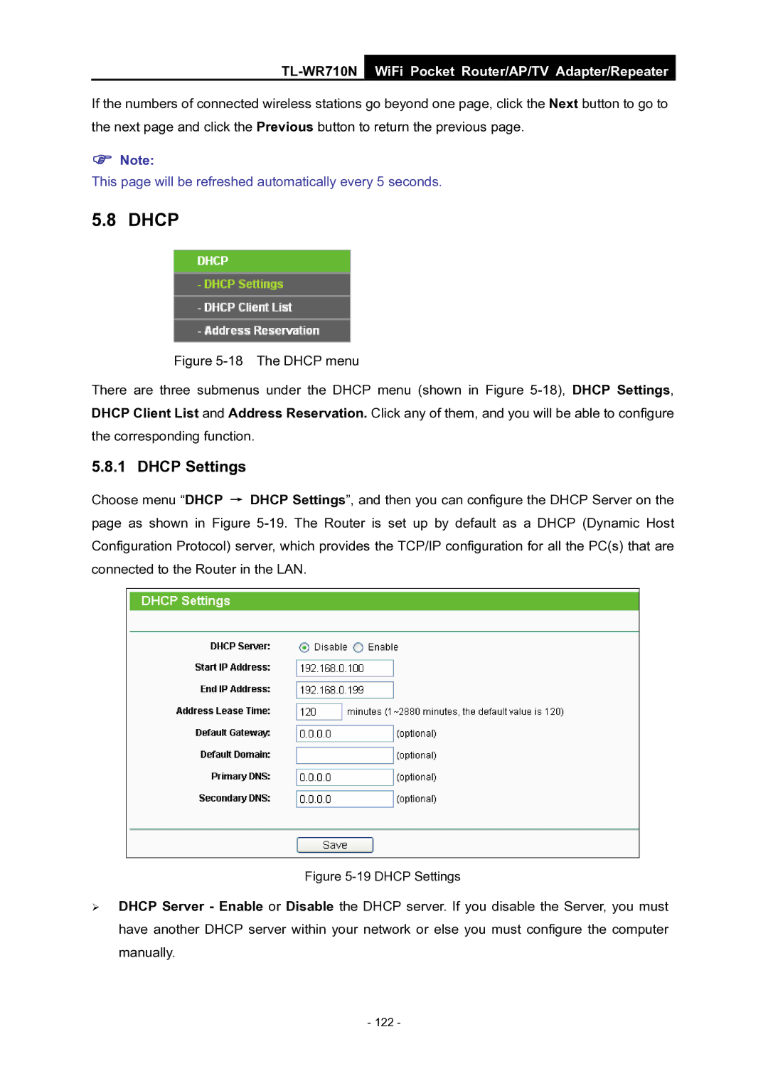 TP-Link WiFi Pocket Router/AP/TV Adapter/repeater manual Dhcp Settings 